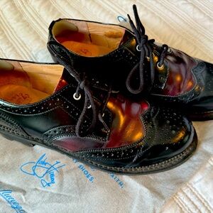 Unisex Fluevog Angels in deep wine and black with thick souls.